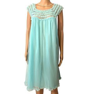 Women’s Large Vintage Nightie 100% Cotton Sheer Ruffle Lined Sleepwear Dress
